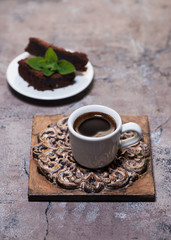 brownies chocolate cake and cup coffee delicious breakfast