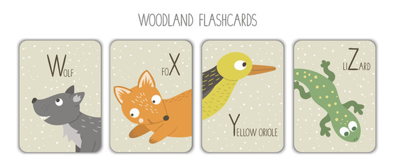 Colorful alphabet letters W, X, Y, Z. Phonics flashcard. Cute woodland themed ABC cards for teaching reading with funny wolf, fox, yellow oriole, lizard..