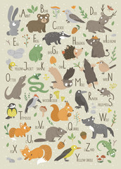 Woodland alphabet for children. Cute flat ABC with forest animals. Vertical layout funny poster for teaching reading..