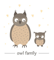Vector hand drawn flat baby owl with parent. Funny woodland animal scene showing family love. Cute forest animalistic illustration for children’s design, print, stationery.