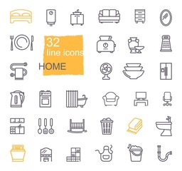 Linear icons of household items. Furniture, appliances, kitchen utensils