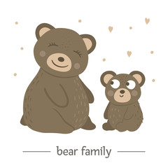 Vector hand drawn flat baby bear with parent. Funny woodland animal scene showing family love. Cute forest animalistic illustration for children’s design, print, stationery.