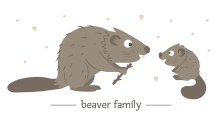Vector hand drawn flat baby beaver with parent. Funny woodland animal scene showing family love. Cute forest animalistic illustration for children’s design, print, stationery.