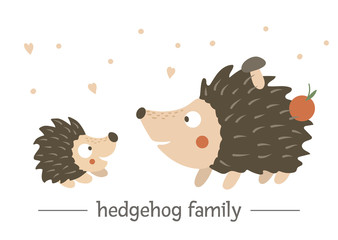 Vector hand drawn flat baby hedgehog with parent. Funny woodland animal scene showing family love. Cute forest animalistic illustration for children’s design, print, stationery.