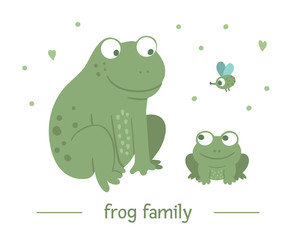 Vector hand drawn flat baby frog with parent. Funny woodland animal scene showing family love. Cute forest animalistic illustration for children’s design, print, stationery.