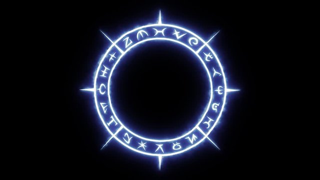 White occult circle with mystical symbols with burning blue glow in seamless loop in seamless loop