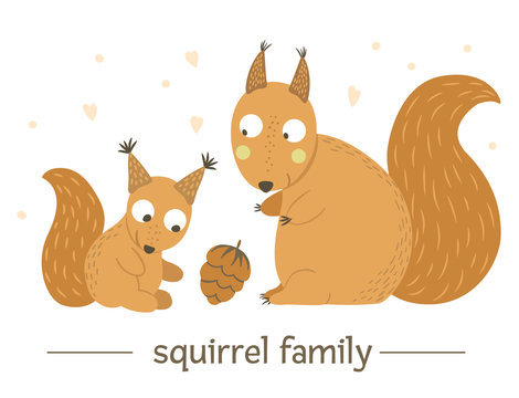 Vector hand drawn flat baby squirrel with parent. Funny woodland animal scene showing family love. Cute forest animalistic illustration for children’s design, print, stationery.