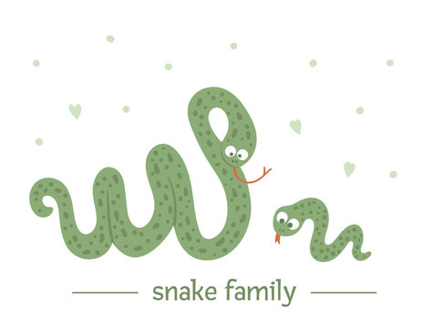 Vector hand drawn flat baby snake with parent. Funny woodland animal scene showing family love. Cute forest animalistic illustration for children’s design, print, stationery.