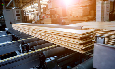 Production line of the wooden floor factory. CNC automatic woodworking machine.