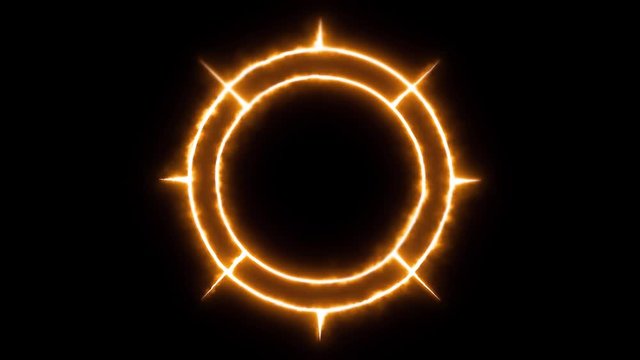 White occult circle appearing and dissappearing by fragments with mystical symbols with moving heat distortion and hot orange glow