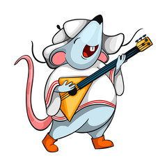 rat, symbol of the new year. a mouse in a Russian caftan costume and hat with earflaps plays a balalaika and sings songs. vector illustration