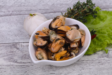 Pickled mussels in the bowl served pepper, garlic and salad