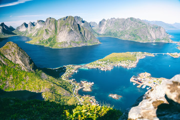 Naklejka na ściany i meble Norway, Lofoten Islands, a view of the Reine city from a height, beautiful landscape, panoramic view