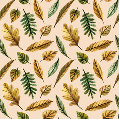 Watercolor seamless pattern autumn leaves on a white background. Hand drawn illustration. Design for wedding invitations, greeting cards, cards.