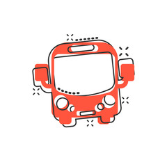 School bus icon in comic style. Autobus vector cartoon illustration on white isolated background. Coach transport business concept splash effect.