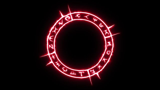 White occult circle with rotating parts and mystical symbols with burning red glow in seamless loop
