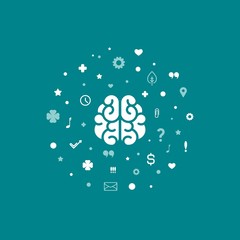 brain with question marks, hearts, stars, bubbles and signs on blue background.