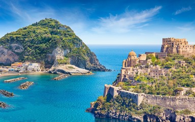Collage with famous attractions of Ischia Island - Aragonese Castle, green mountain near fishing village Sant'Angelo and clear azure sea, Italy - obrazy, fototapety, plakaty