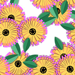 Fototapeta premium Vintage origami pattern with colorful calendula cut paper pattern on white background for textile design.&nbsp;Like a&nbsp;3d vector.&nbsp;Modern interior.