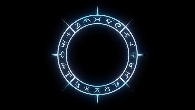 White occult circle with mystical symbols with holographic screen glitch effect in seamless loop