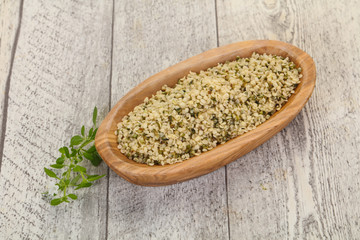 Peeled hemp seeds in the bowl