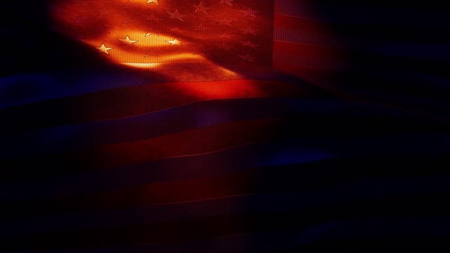 4K heavy leather UNITED STATES waving flag seamless loop animation, US flag under dramatic spotlight lighting with dark blue reflective shadows, thick meterial waving in the wind, slow motion closeup