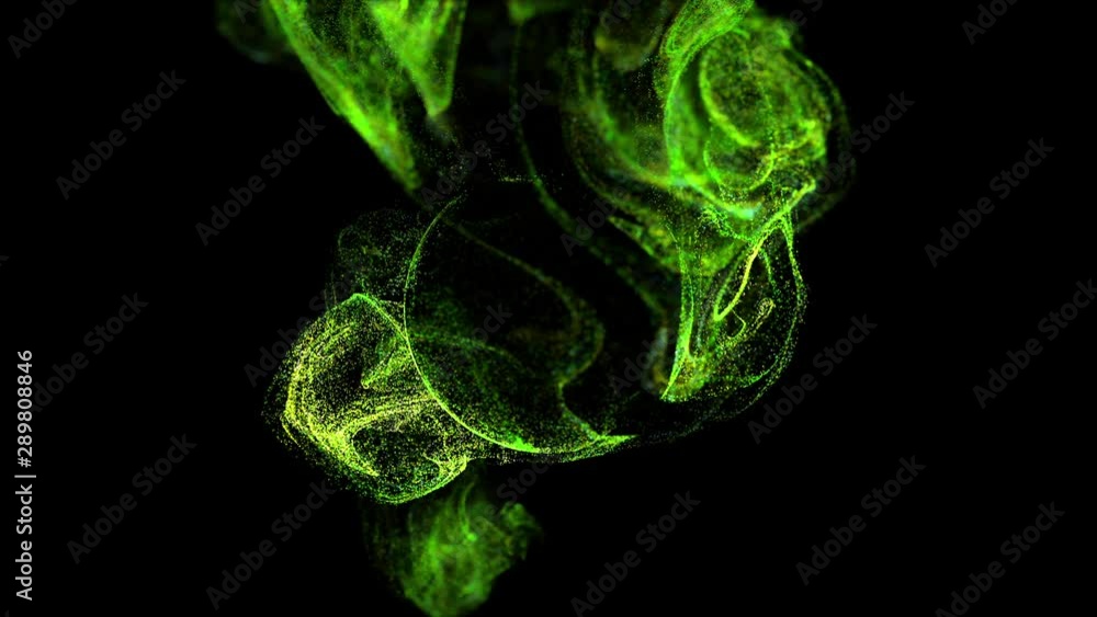Poster 4k glow green particles move in liquid flow and stumble upon a force spherical field in the center o