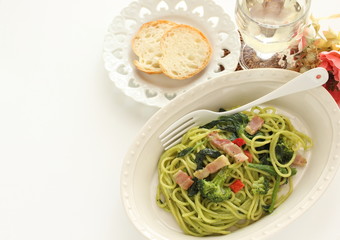 Homemade broccoli and green pasta with bacon