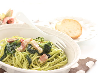 Homemade broccoli and green pasta with bacon
