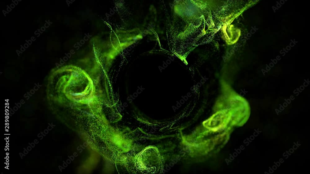 Poster 4k glow green particles move in liquid flow and stumble upon a force spherical field in the center o