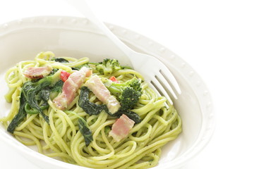 Homemade broccoli and green pasta with bacon