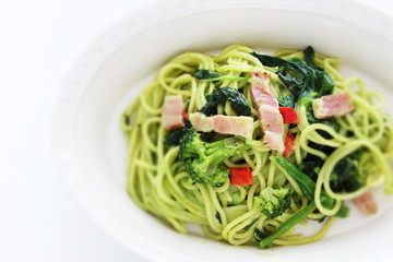 Homemade broccoli and green pasta with bacon