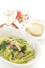 Homemade broccoli and green pasta with bacon