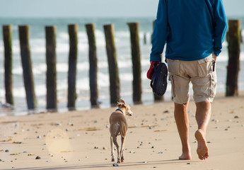 hamme d'age mur se promenant sur la plage avec son chien
