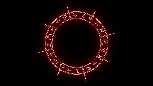 Rotating white outline occult circle with mystical symbols with pulsing red glow in seamless loop