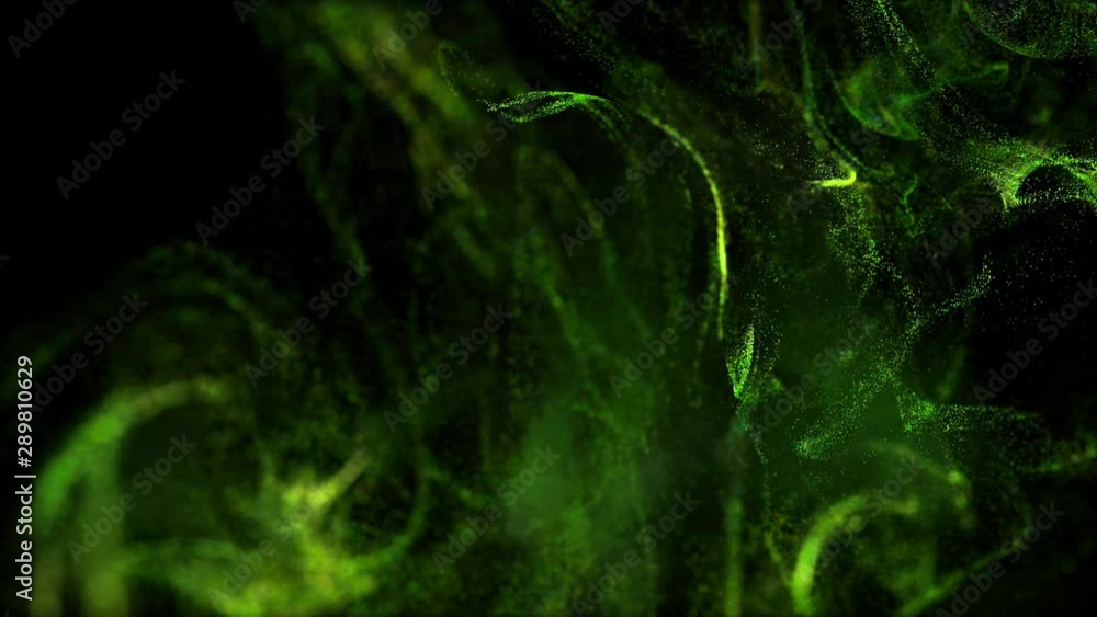 Poster 4k glow green particles move in liquid flow and stumble upon a force spherical field in the center o