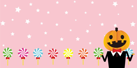 ハロウィンの背景：かぼちゃのランンタンとお化けとお菓子