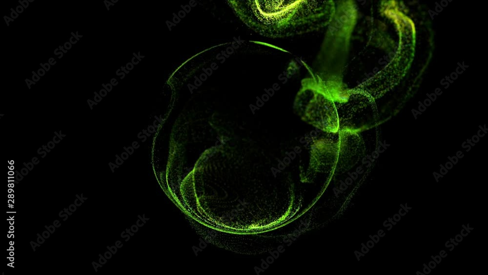 Poster 4k glow green particles move in liquid flow and stumble upon a force spherical field in the center o