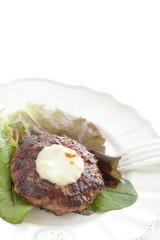 Cheese burger on baby leaf vegetable salad