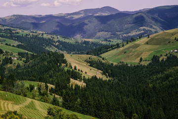 Mountain village landscape in the wild Ukrainian Bukovyna area