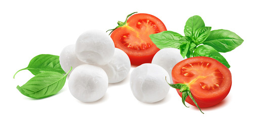 Tomato, basil leaves, mozzarella cheese balls isolated on white background
