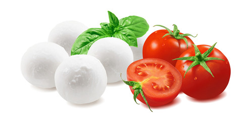 Cherry tomatoes, green basil, mozzarella bocconcini isolated on white background