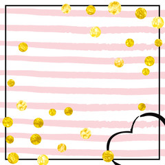 Wedding glitter confetti with dots on pink stripes. Shiny falling sequins with shimmer and sparkles. Template with gold wedding glitter for party invitation, banner, greeting card, bridal shower.