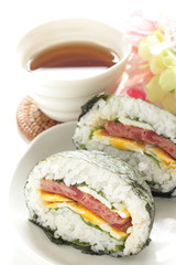 fried luncheon meat and egg in rica ball for Japanese foo damage