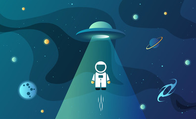 Space exploration modern background design with an alien ship in cosmos and flying Astronaut. Cute gradient template with Spaceship, Moon and Stars for poster, banner or website page