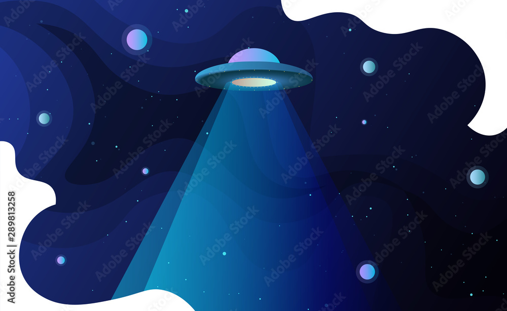 Wall mural space exploration background design, modern gradient vector template with a flying saucer alien ship