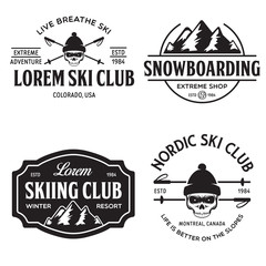Vintage ski or winter sports logos, badges, emblems, design elements. Vector illustration. Monochrome Graphic Art.