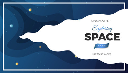 Space background design. Cute flat style banner template with stars, planets in deep Cosmos