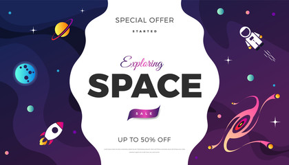 Space exploration modern background design with a Galaxy, Astronaut, Rocket, Moon, Planets and Stars in cosmos. Cute pink color template for website page or banner vector illustration © Premium_art
