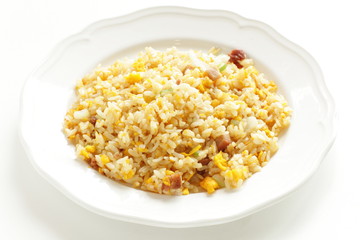 Chinese food, egg and roasted port fried rice